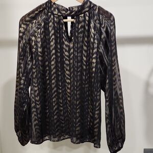 Sheer Black and Gold Patterned Long-Sleeve Blouse